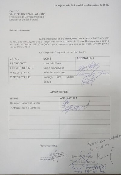 Eleição para a presidência da Câmara de Vereadores de Laranjeiras do Sul terá bate chapa